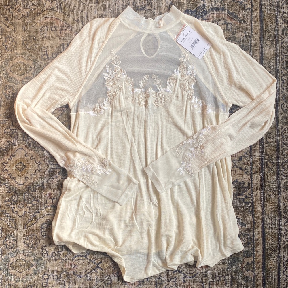Free People Ivory Lace Mesh Inset Long Sleeve Top